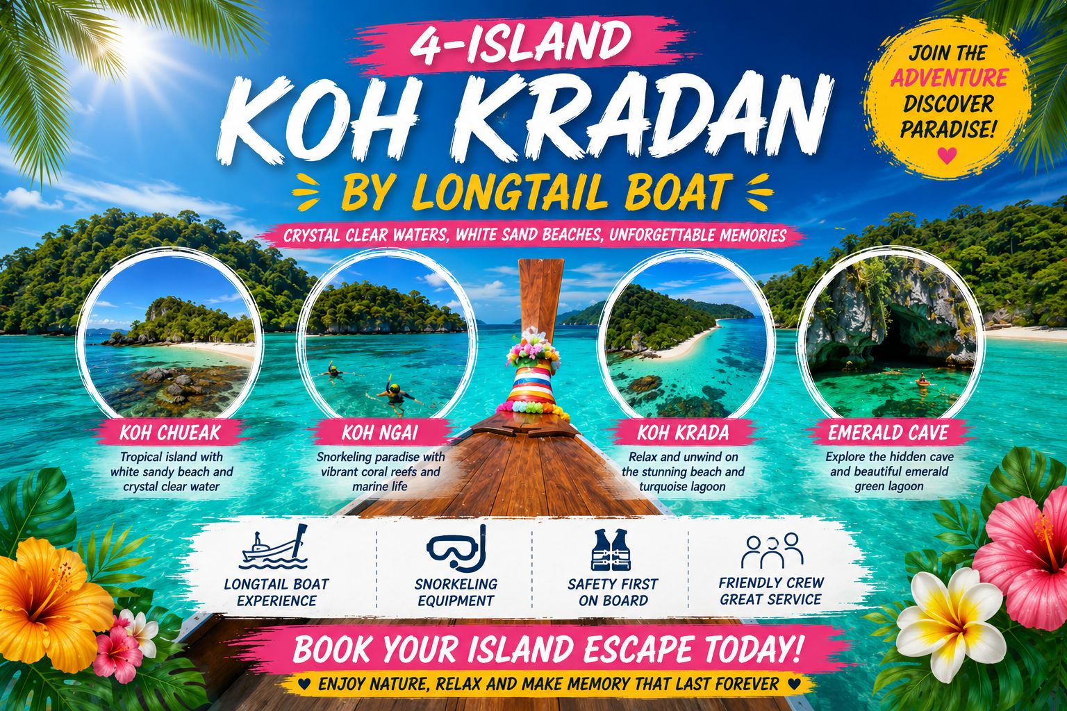 4 Islands Tour Koh Lanta by Longtail boat - Emerald Cave, Koh Mook, Koh Kradan & Koh Ngai